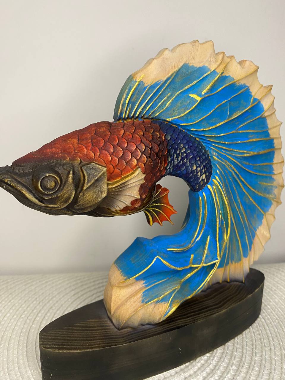 Golden Fish Sculpture Carved Wooden – Ash Tree Lucky Prosperity Symbol