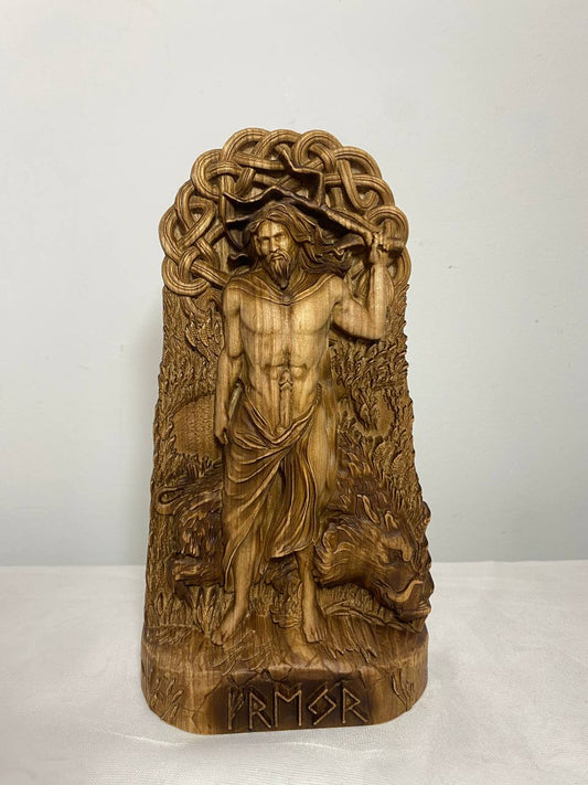Freyr Norse Pagan Decor Wooden Carved Statue