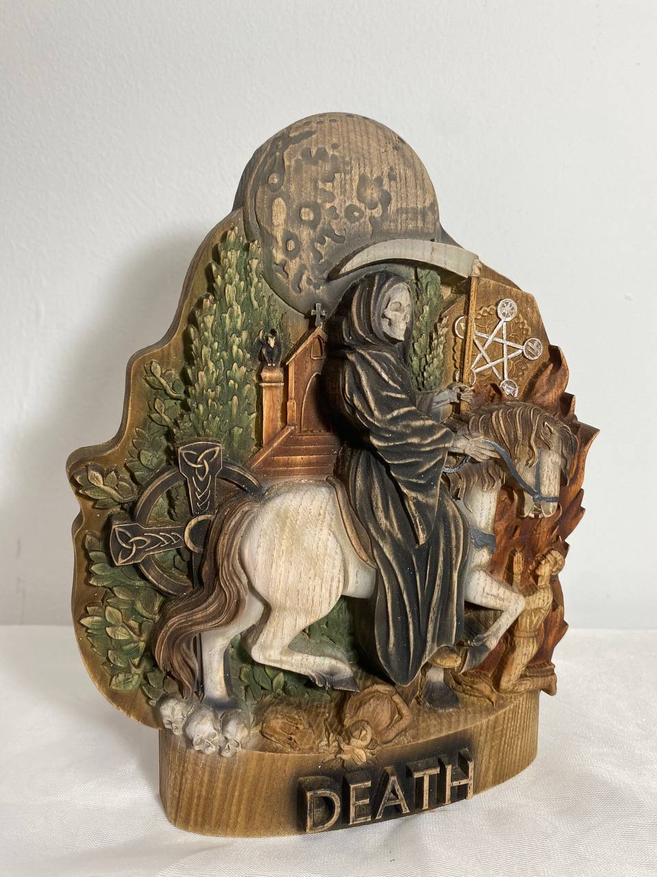 Death statue Grim reaper statue Aztec Santa muerte altar Occult decor Witchcraft Woodcarved