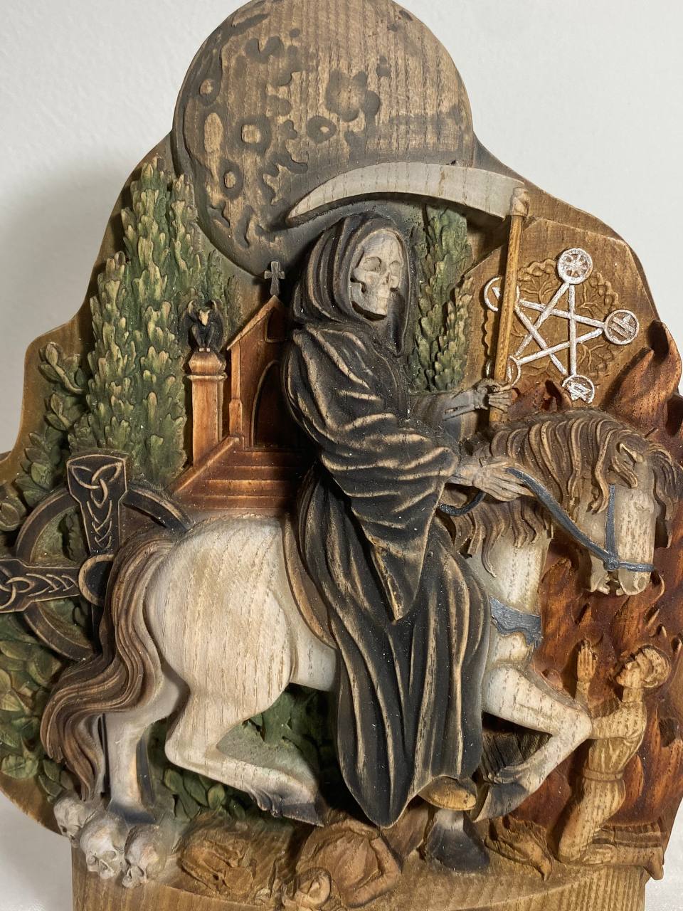 Death statue Grim reaper statue Aztec Santa muerte altar Occult decor Witchcraft Woodcarved