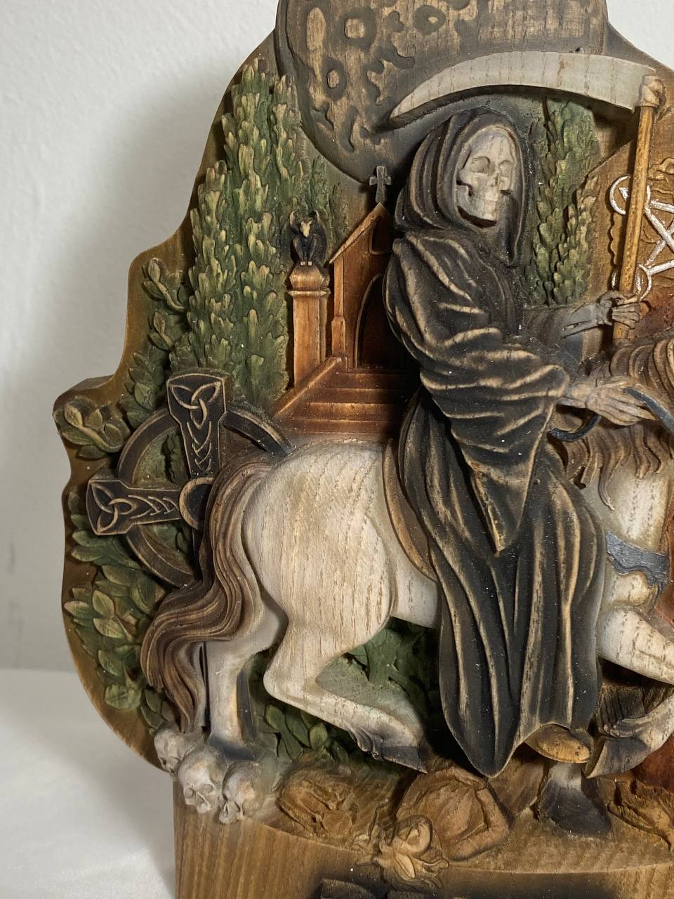 Death statue Grim reaper statue Aztec Santa muerte altar Occult decor Witchcraft Woodcarved