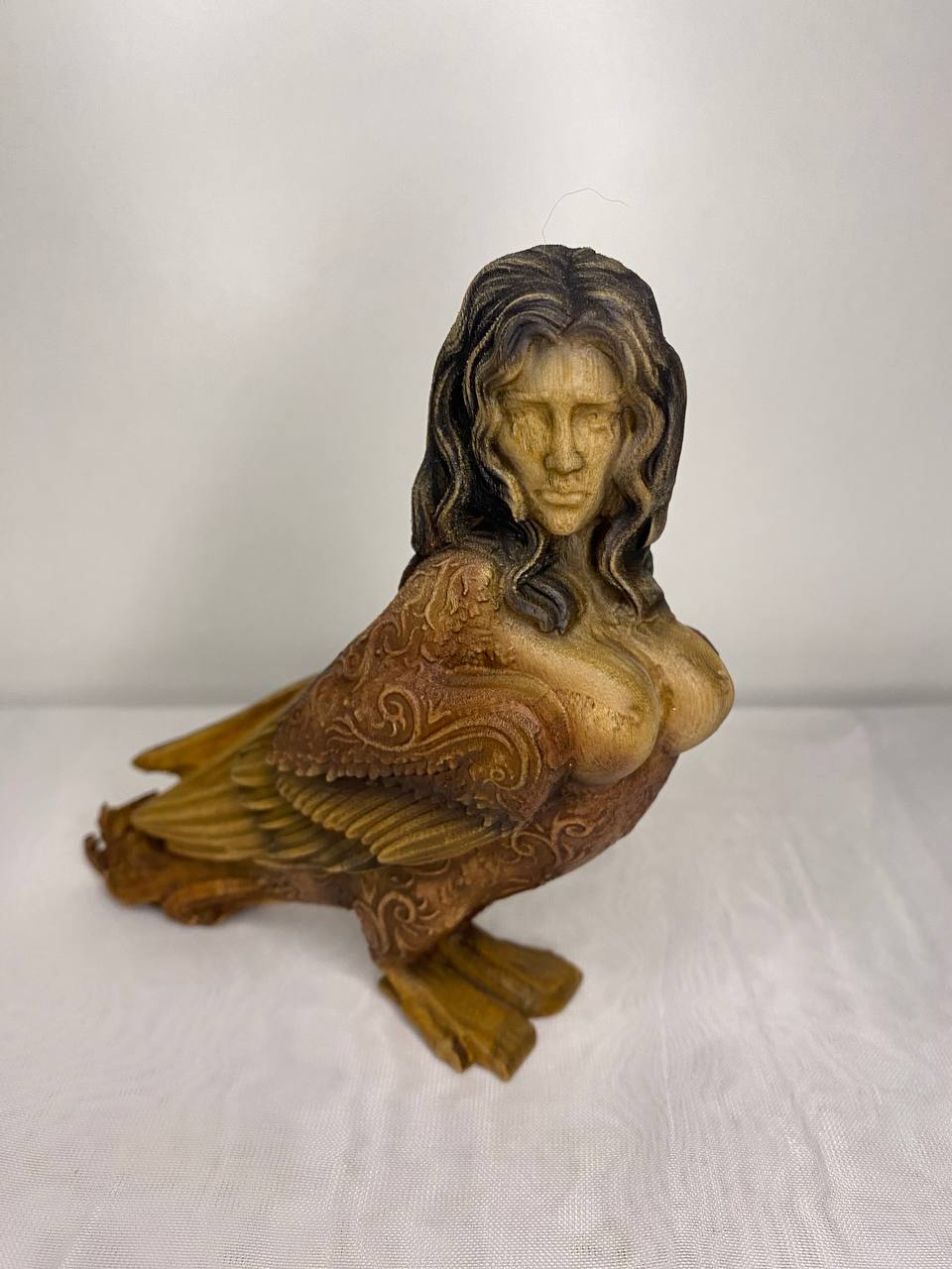 Hand-Carved Wooden Sirin Statue: Slavic Goddess Bird Figurine