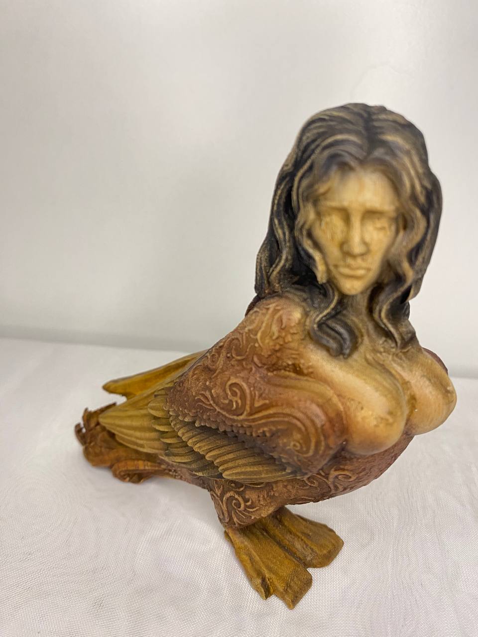 Hand-Carved Wooden Sirin Statue: Slavic Goddess Bird Figurine