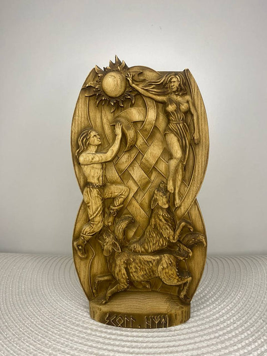 Hati and Skoll Norse Gods Handmade Wood Carving and Sculpture