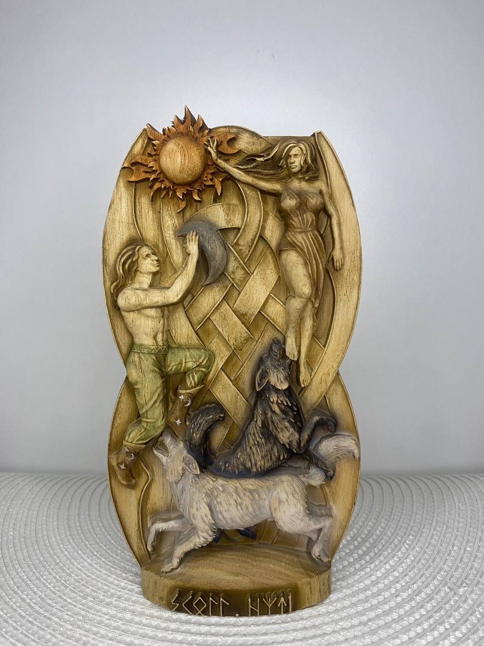 Hati and Skoll Norse Gods Handmade Wood Carving and Sculpture