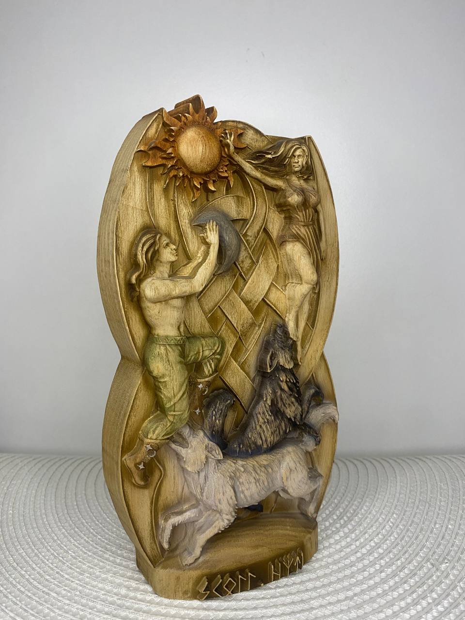 Hati and Skoll Norse Gods Handmade Wood Carving and Sculpture