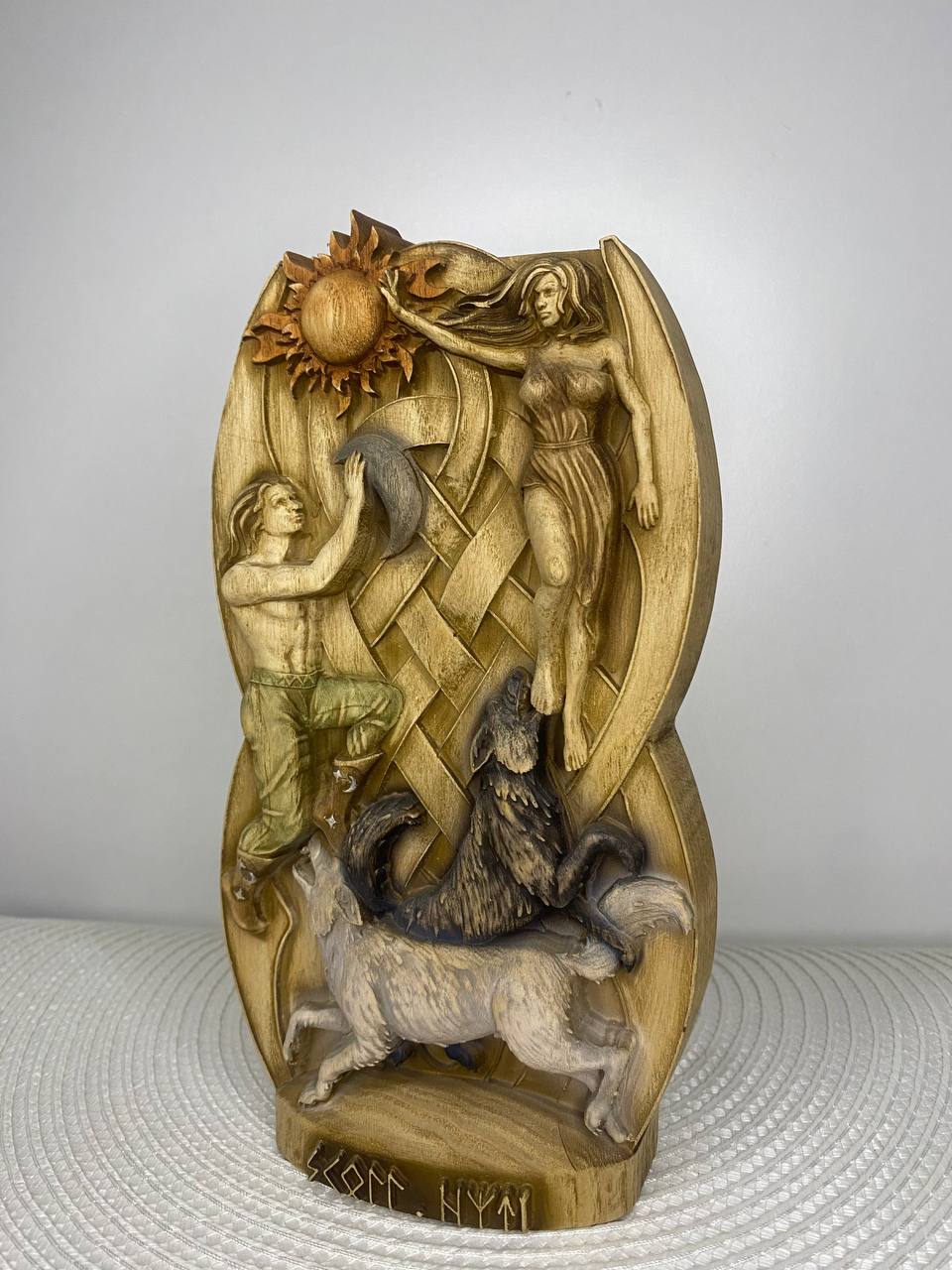 Hati and Skoll Norse Gods Handmade Wood Carving and Sculpture
