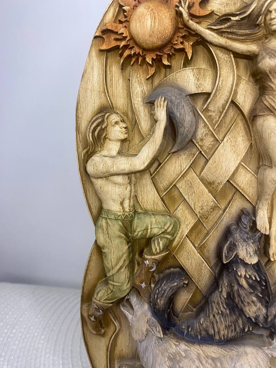 Hati and Skoll Norse Gods Handmade Wood Carving and Sculpture