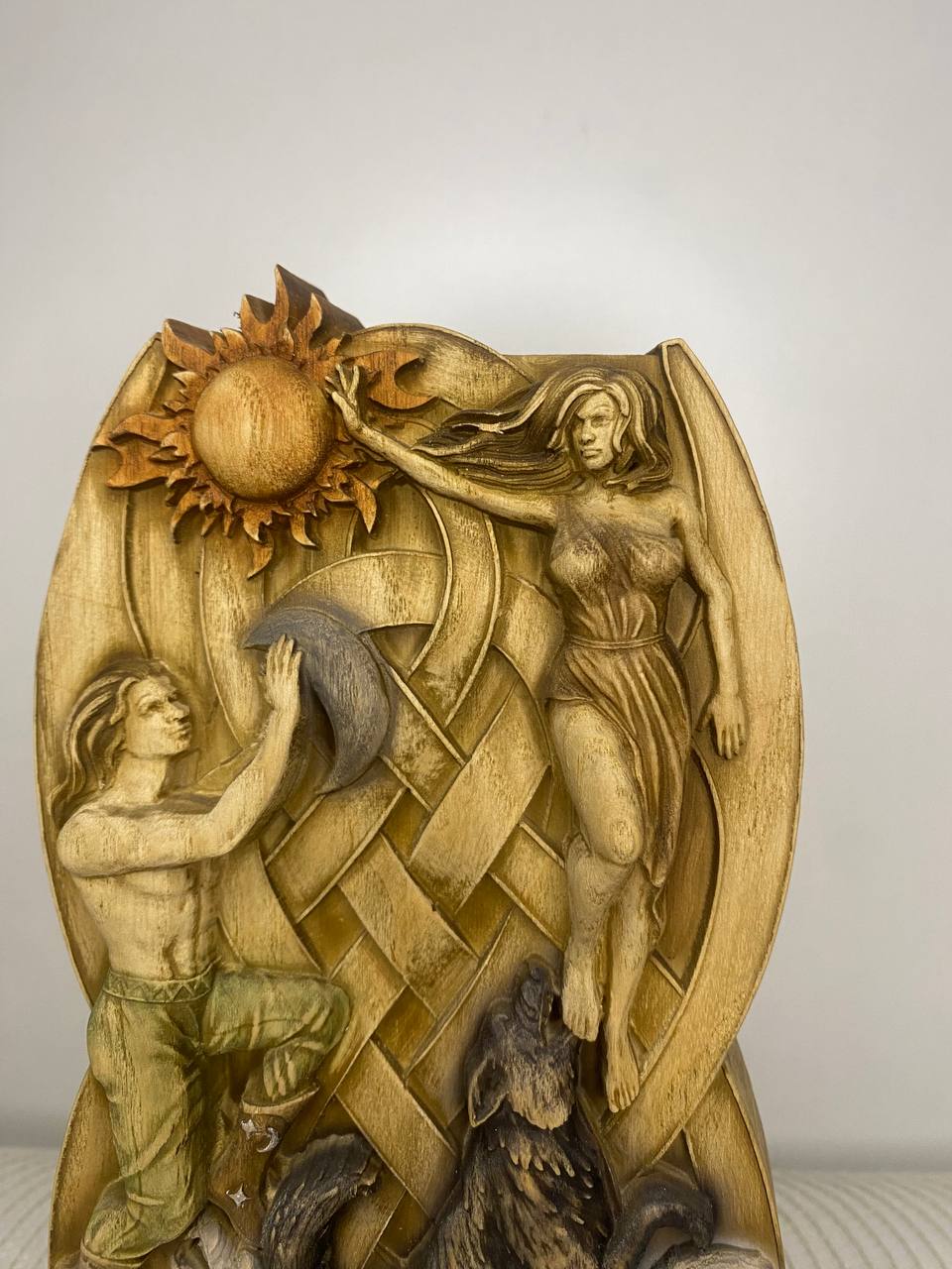 Hati and Skoll Norse Gods Handmade Wood Carving and Sculpture
