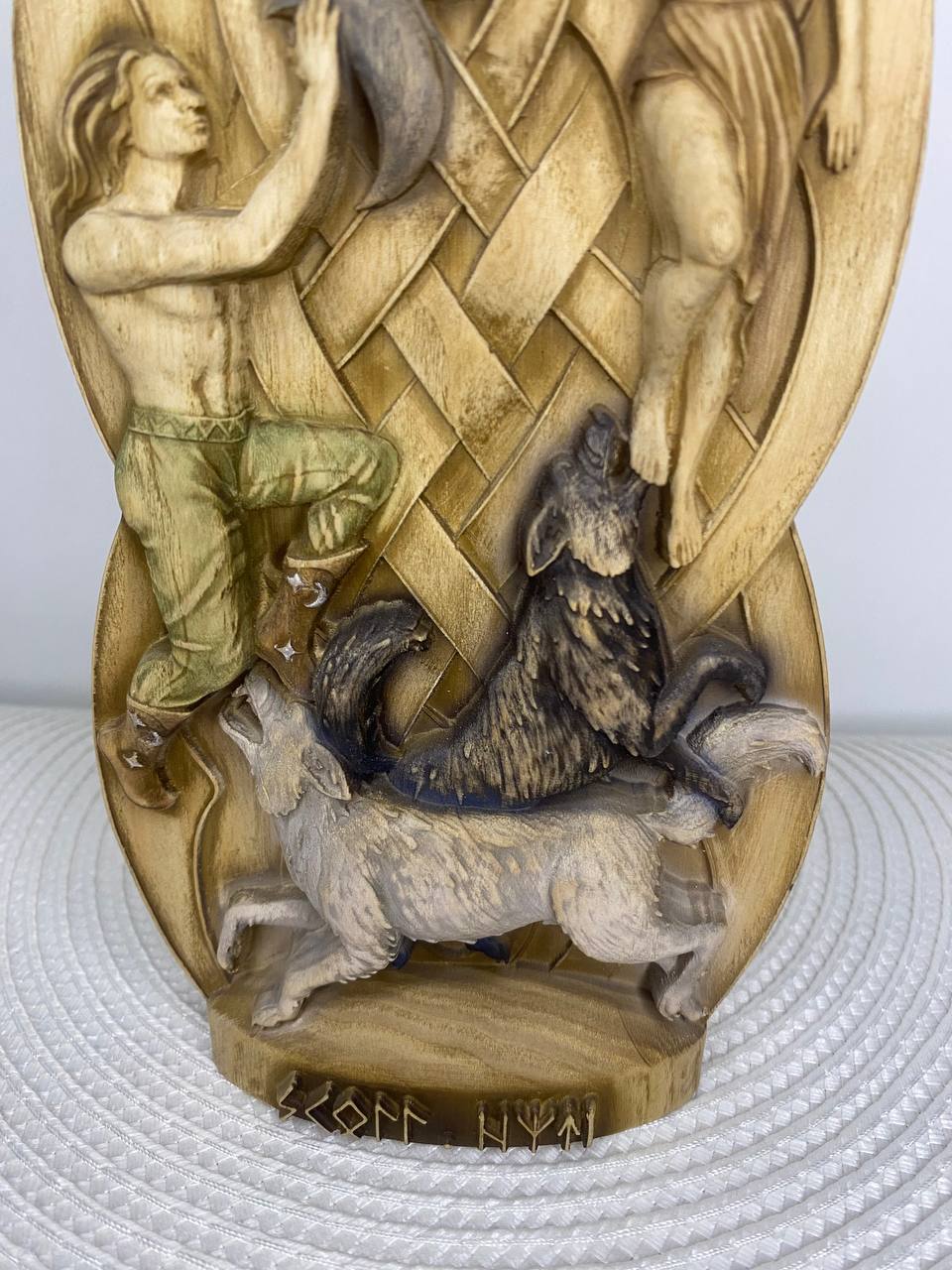 Hati and Skoll Norse Gods Handmade Wood Carving and Sculpture
