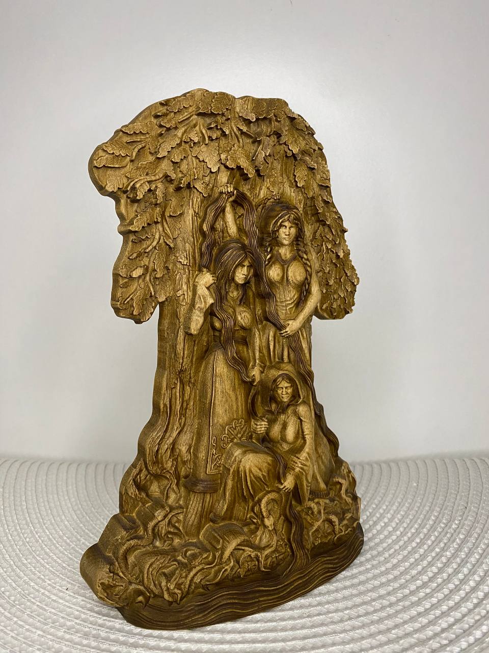 Norns art deco Norse pagan gods Hand carved Wooden statue