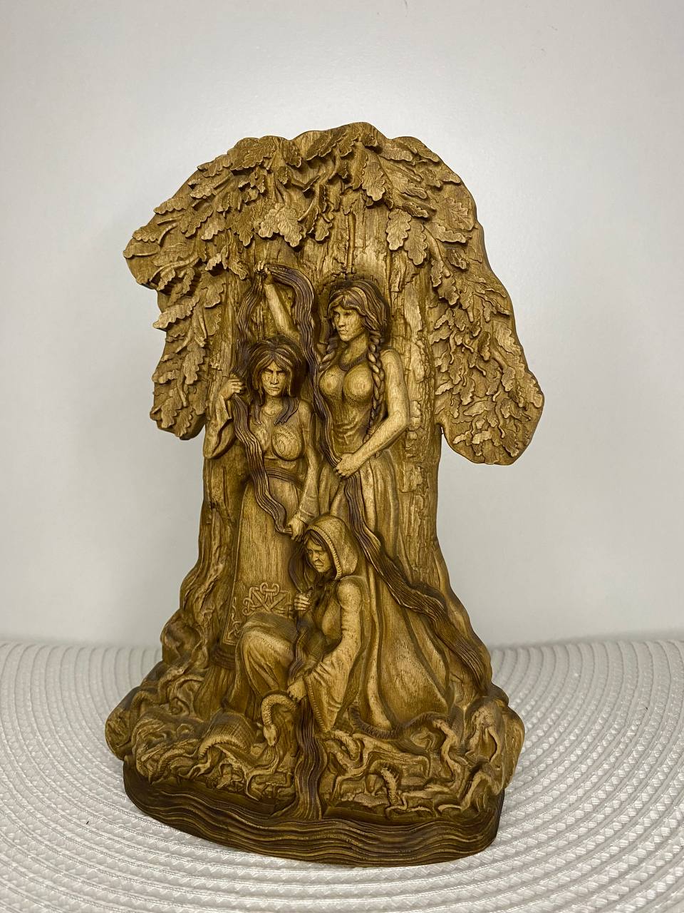 Norns art deco Norse pagan gods Hand carved Wooden statue