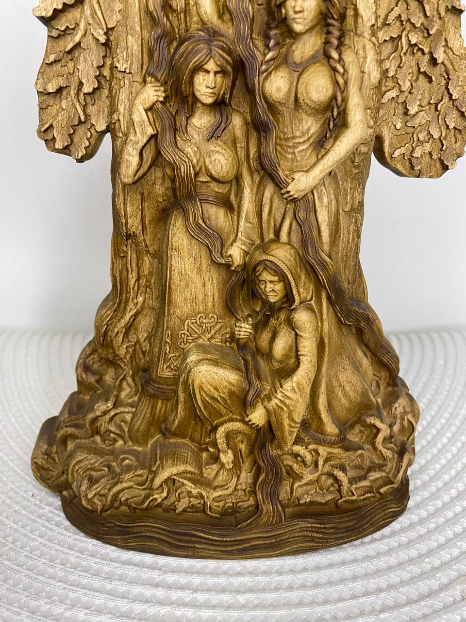 Norns art deco Norse pagan gods Hand carved Wooden statue
