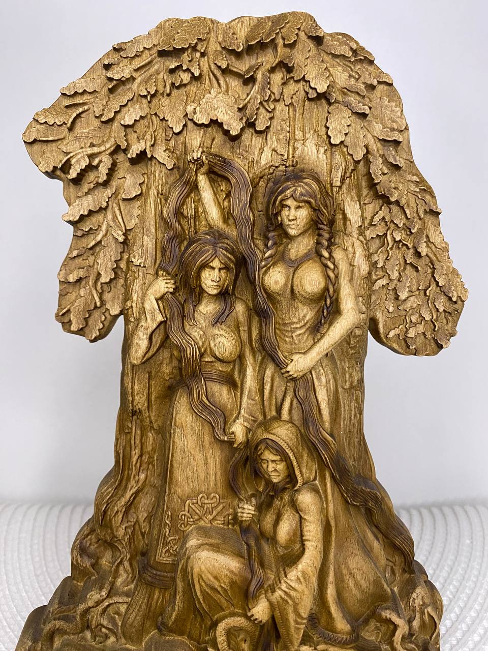 Norns art deco Norse pagan gods Hand carved Wooden statue