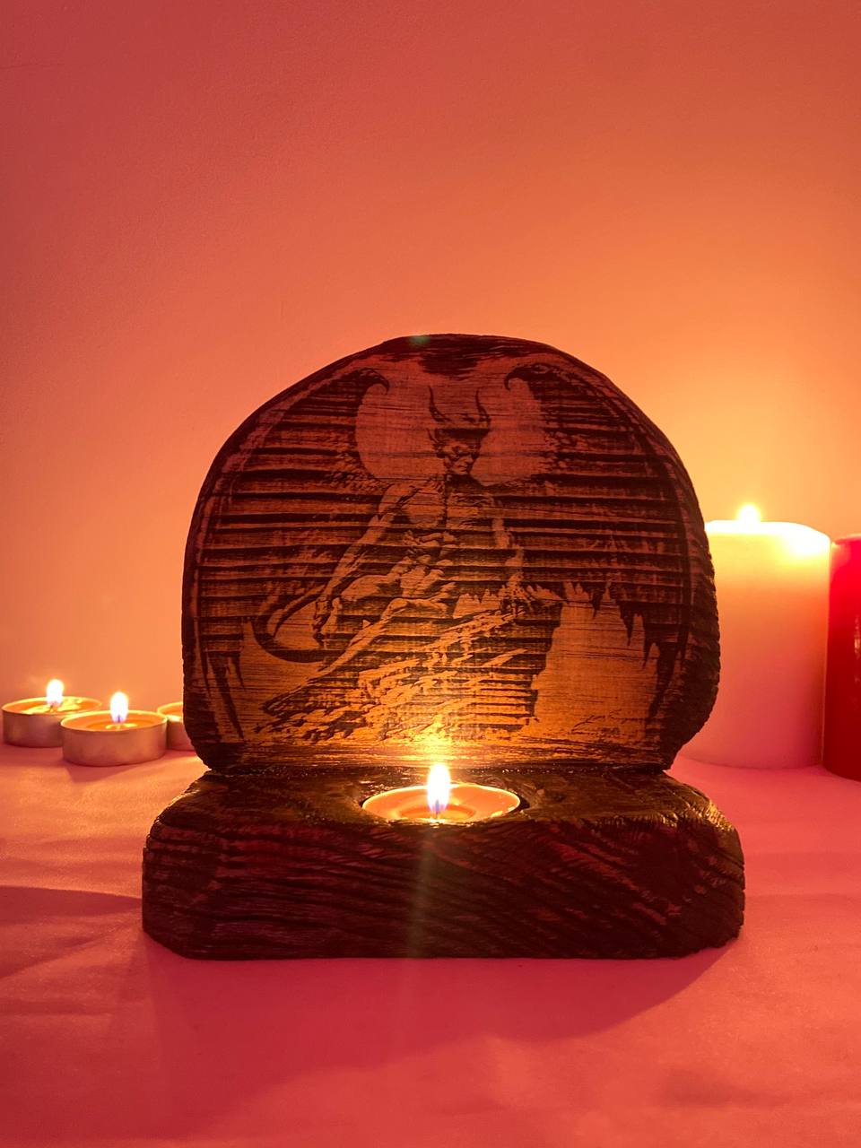 Lucifer Lucifer altar Mini altar Goddess altar Demon statue Occult decor Wooden candle holder Witchcraft candles Fallen ange altar