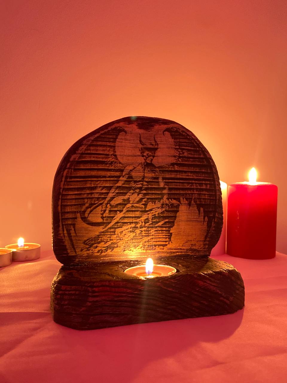 Lucifer Lucifer altar Mini altar Goddess altar Demon statue Occult decor Wooden candle holder Witchcraft candles Fallen ange altar
