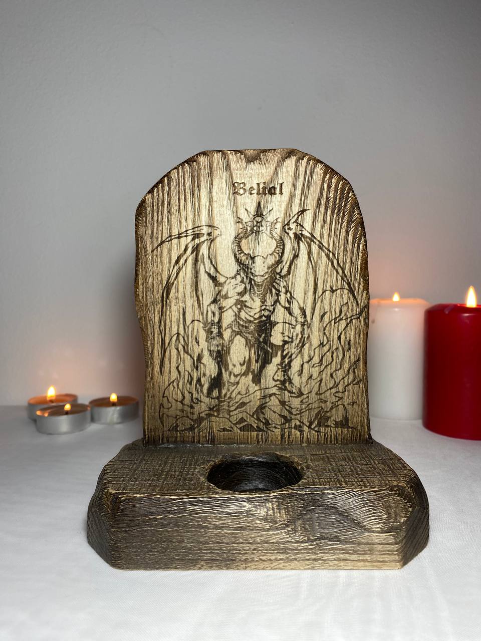 Belial Altar Candle Holder | Hand-Carved Ash Wood Norse Goetia Decor