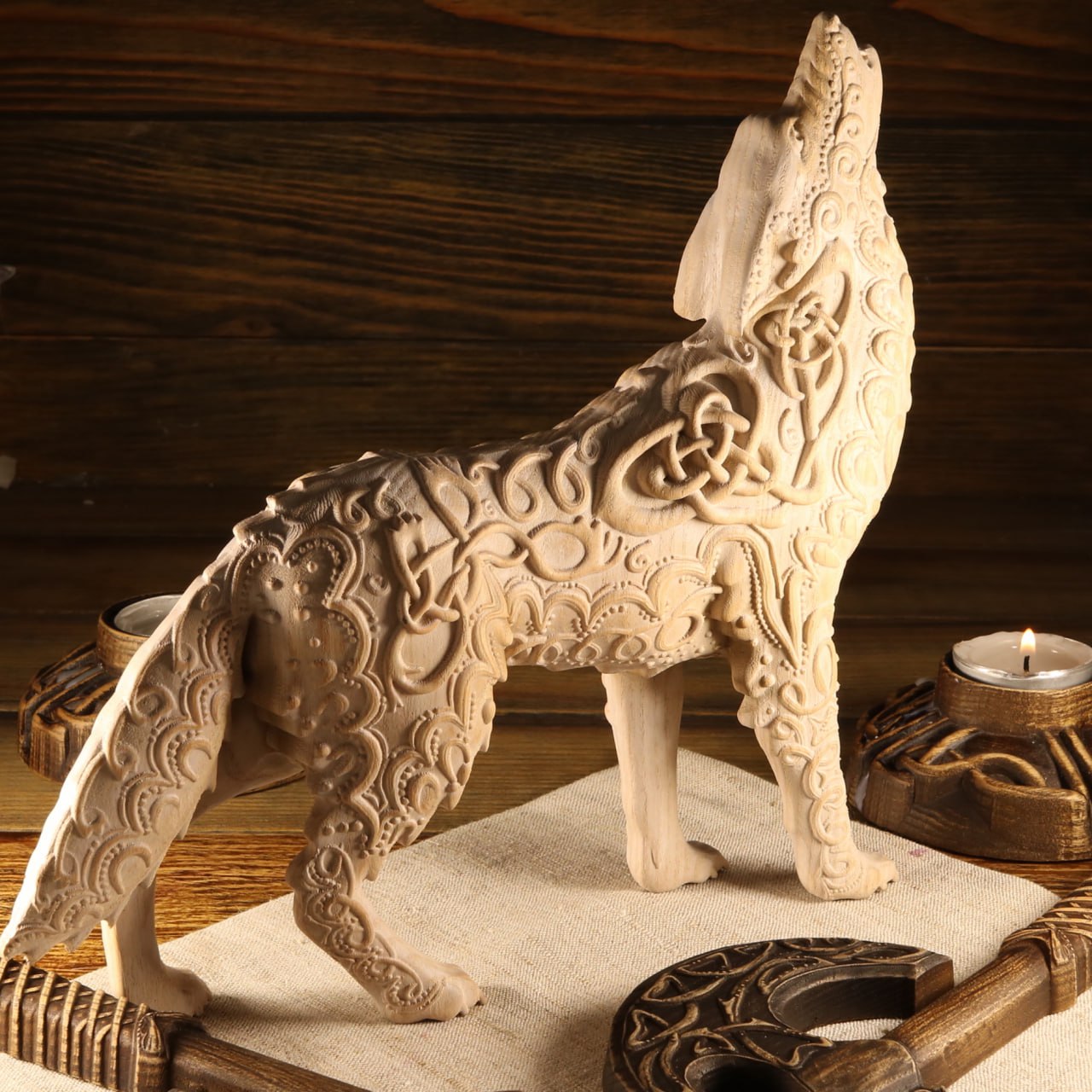 Celtic wolf Wolf statue Celtic knot Howling wolf Viking wolf Norse mythology Fenrir Pagan statue Wolf figurine Wooden wolf Wood carving