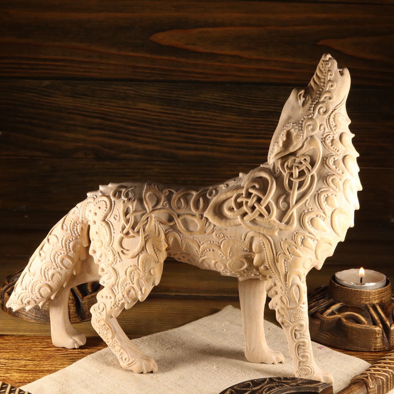Celtic wolf Wolf statue Celtic knot Howling wolf Viking wolf Norse mythology Fenrir Pagan statue Wolf figurine Wooden wolf Wood carving