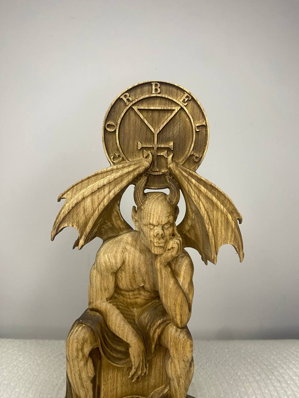 Belphegor Wooden Demon Statue with Sigil – Ars Goetia Occult Sculpture Gothic Altar Decor