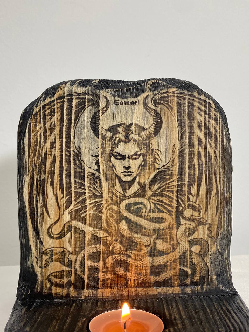 Samael Candle Holder | Wooden Archangel Occult Altar Decor | ArtCarving Shop