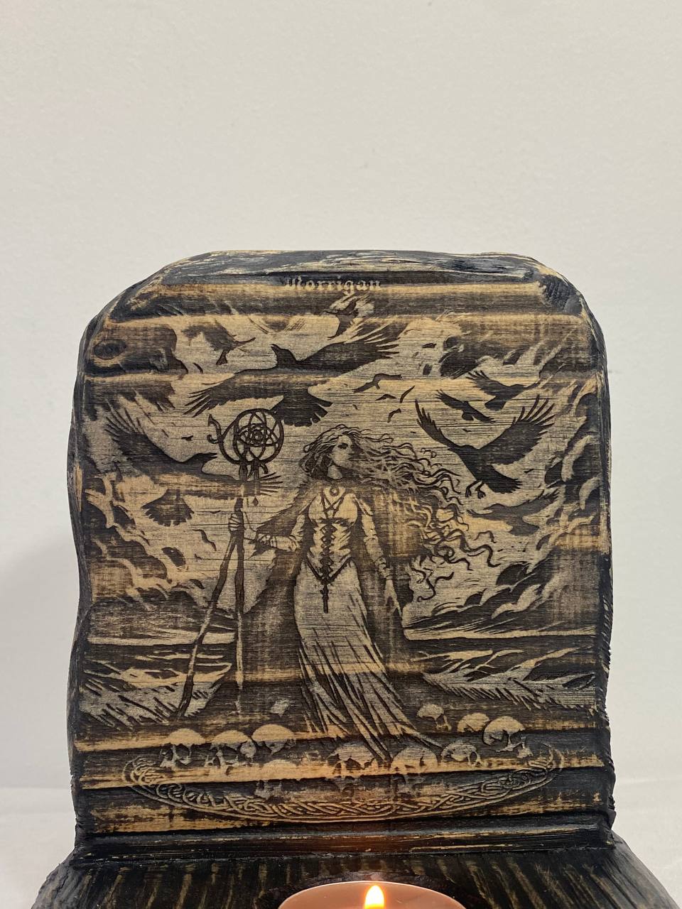 Morrigan Candle Holder | Wooden Celtic Goddess Altar Decor | ArtCarving Shop