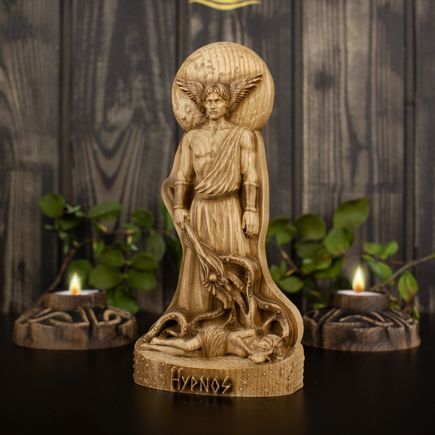 Hypnos Greek god Hypnos (god of sleep) - figurine wooden altar carved wooden statue Greek mythology