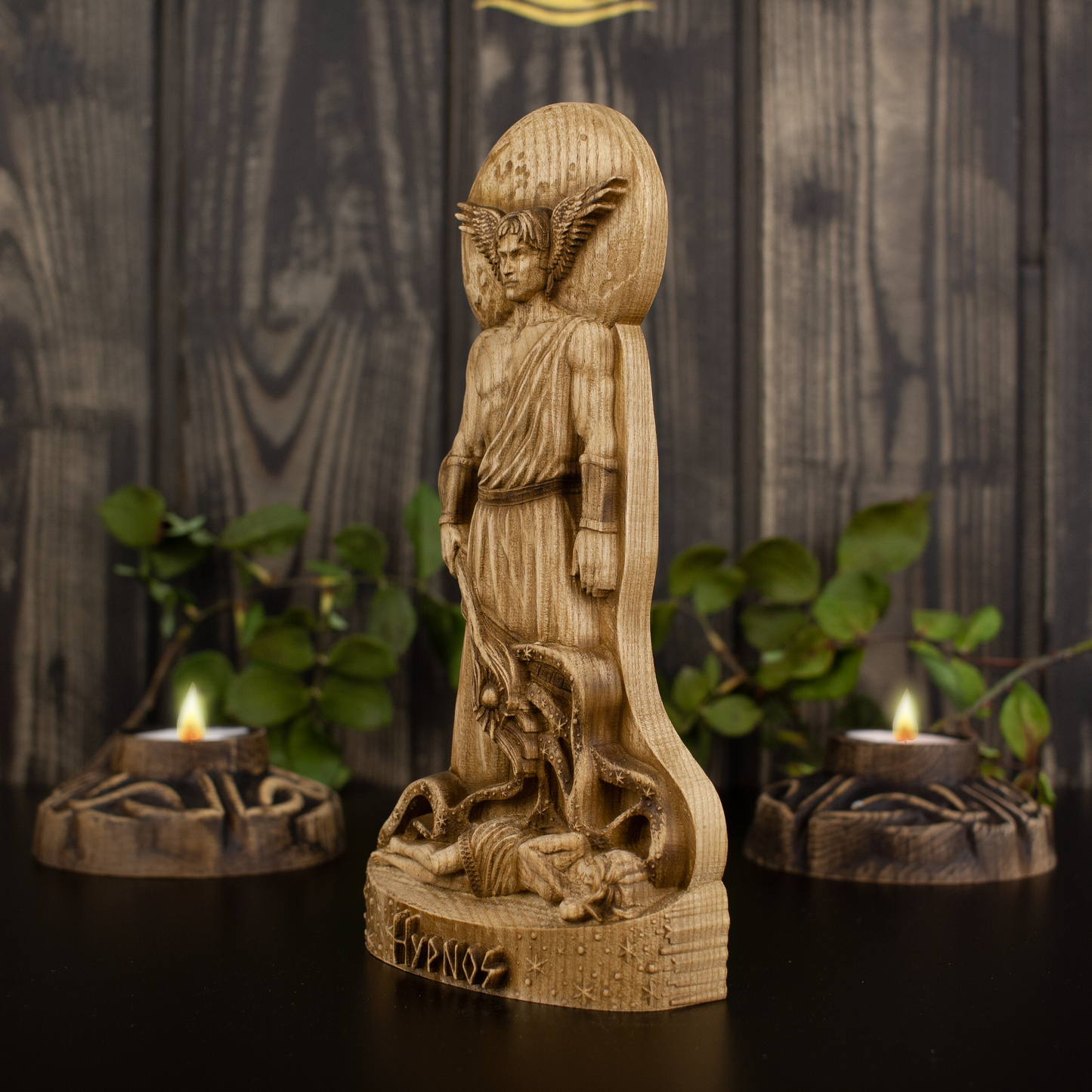 Hypnos Greek god Hypnos (god of sleep) - figurine wooden altar carved wooden statue Greek mythology