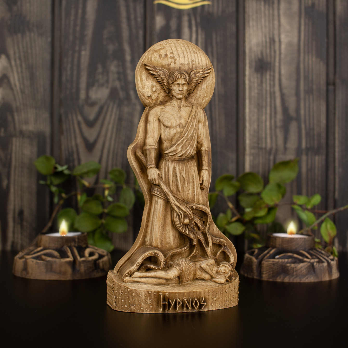Hypnos Greek god Hypnos (god of sleep) - figurine wooden altar carved wooden statue Greek mythology