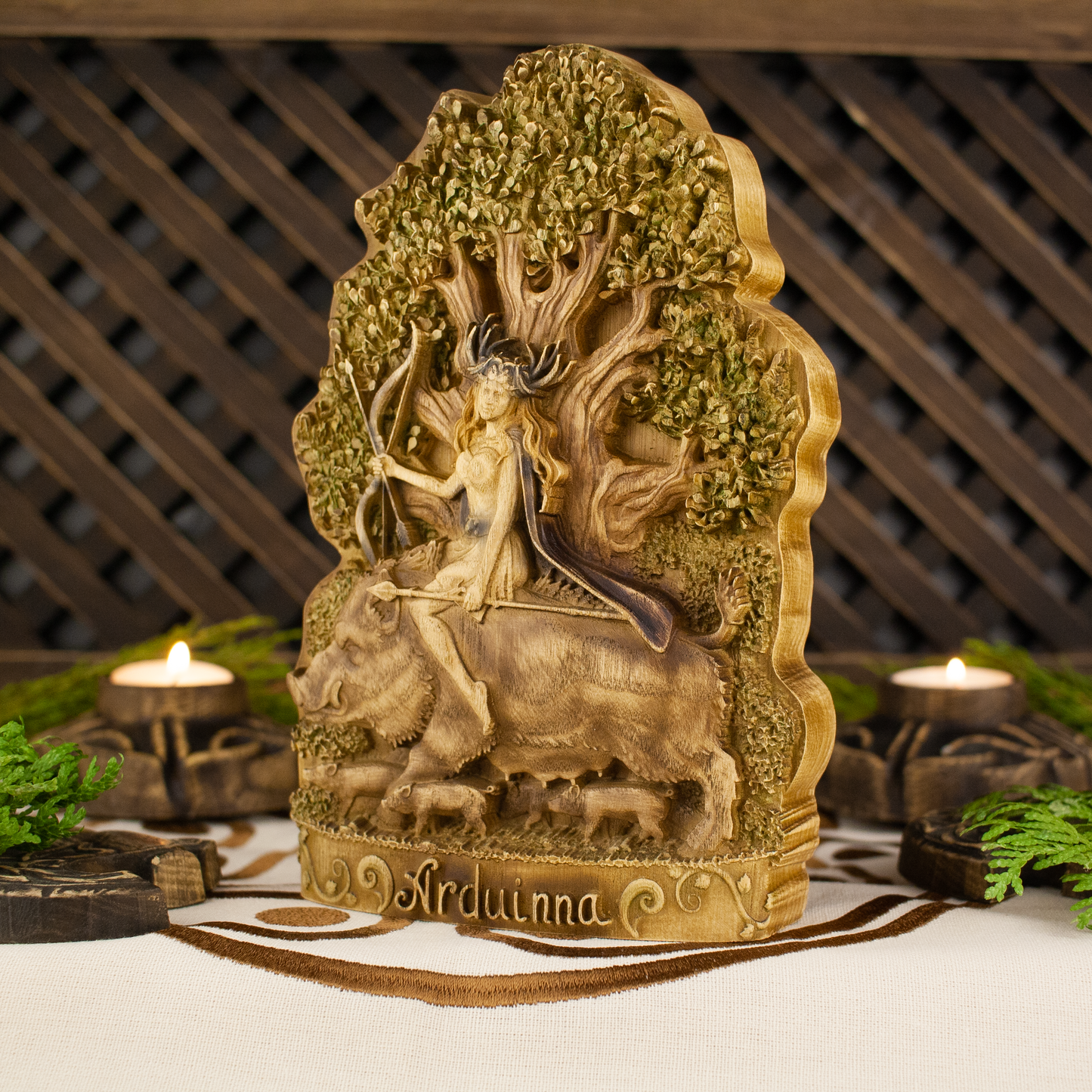Arduinna Goddess statue Forest goddess Pagan altar Wooden statue Wood carving