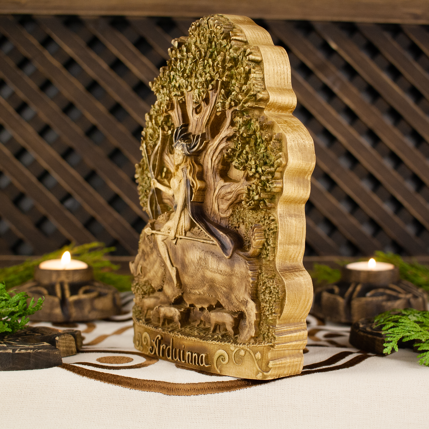 Arduinna Goddess statue Forest goddess Pagan altar Wooden statue Wood carving