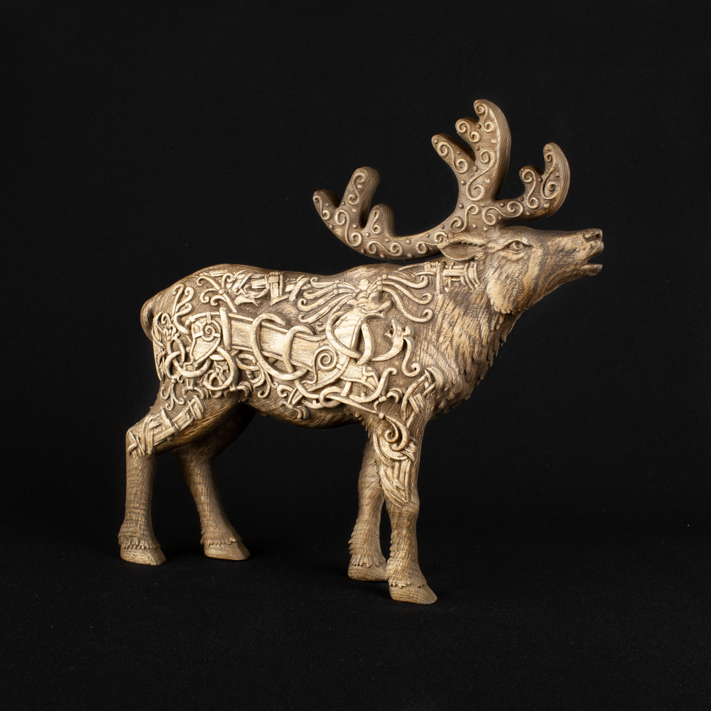 Celtic Moose & Caribou Statue | Hand-Carved Ash Wood Antlered King | Celtic Knotwork Art
