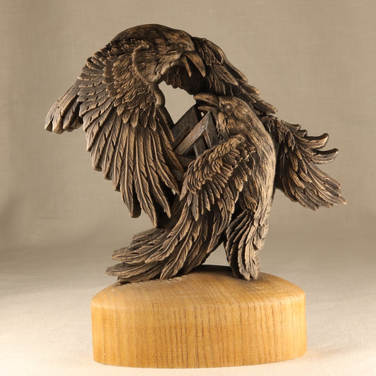 Huginn and Muninn Wooden Statue Raven Art Viking-Inspired