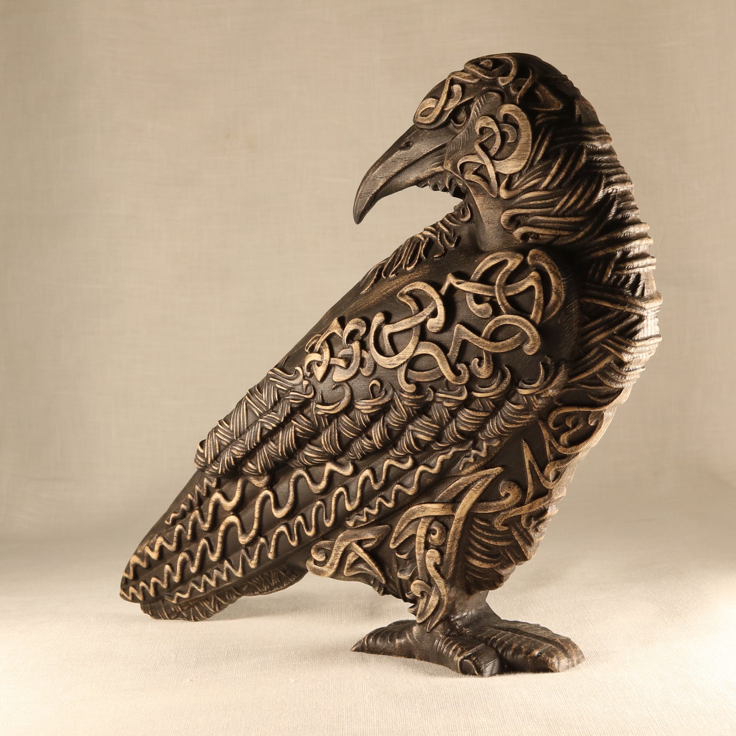 The raven, handmade norse pagan, wooden statue carving