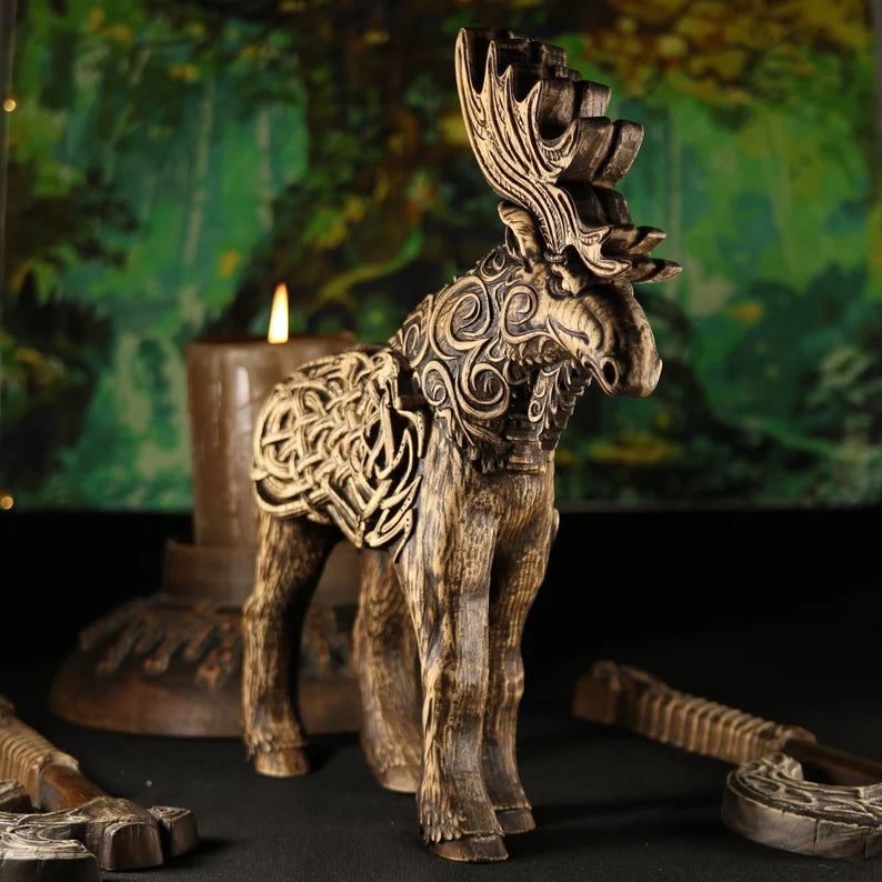 Sacred Woodcraft: Handmade Norse Moose Statue