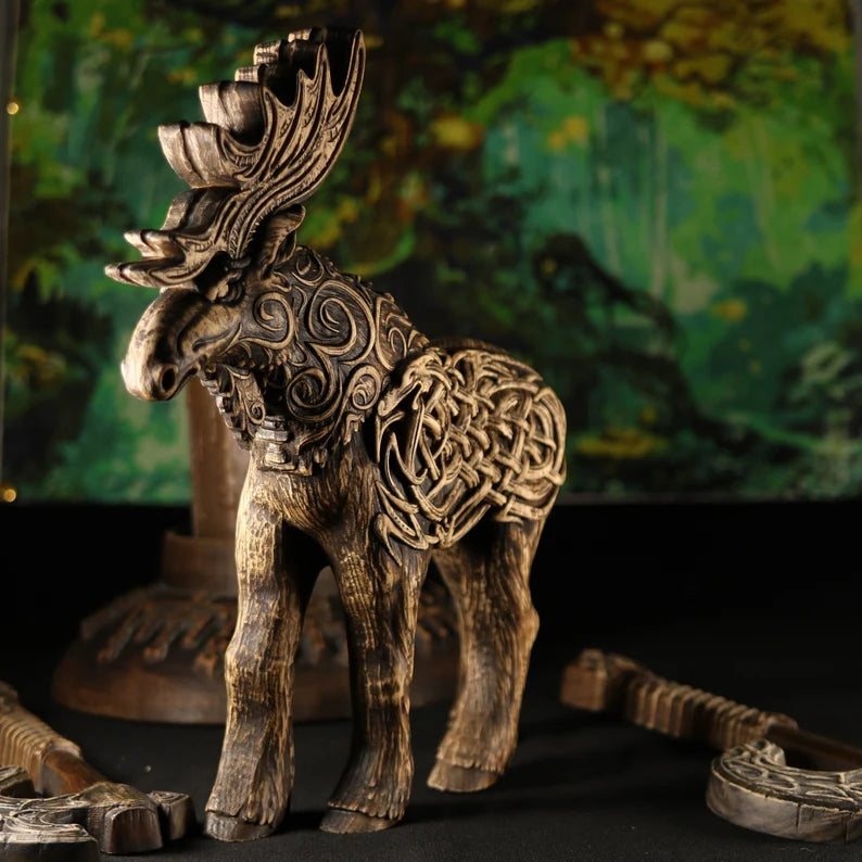 Sacred Woodcraft: Handmade Norse Moose Statue