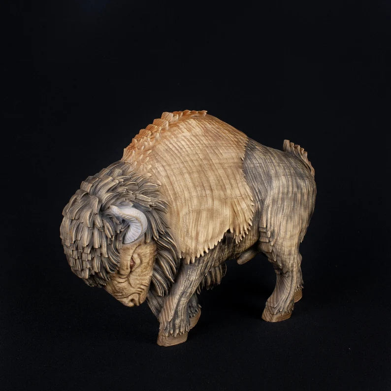 Bison Artfully Carved Wooden Statue
