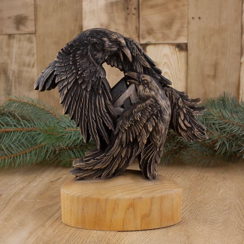 Viking-Inspired Raven Art: Huginn and Muninn Wooden Statue