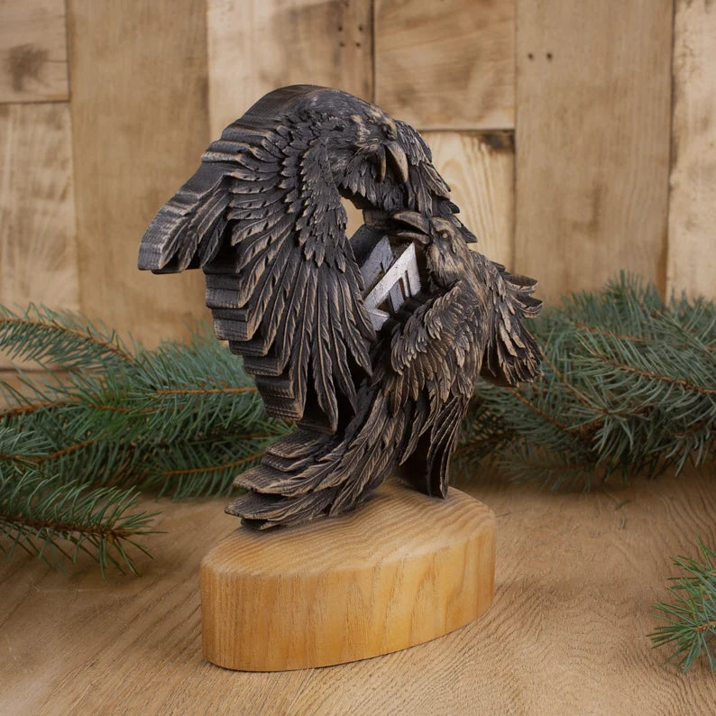 Viking-Inspired Raven Art: Huginn and Muninn Wooden Statue