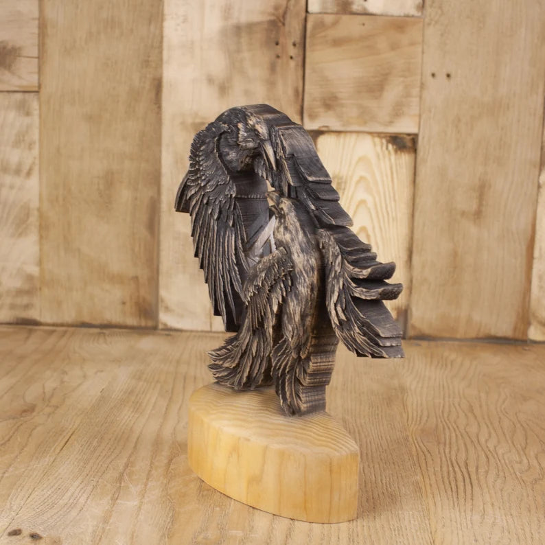 Viking-Inspired Raven Art: Huginn and Muninn Wooden Statue