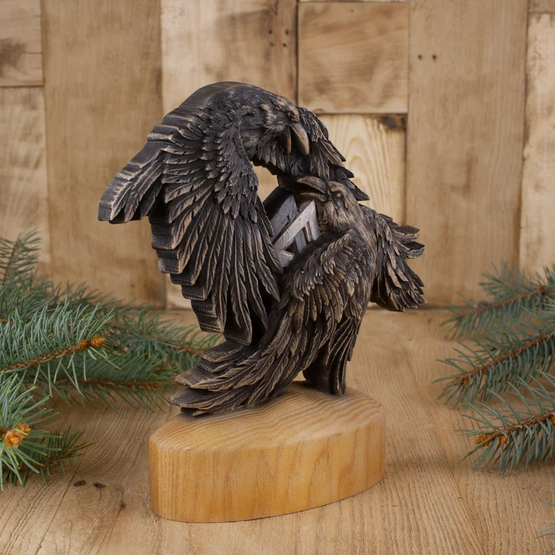 Viking-Inspired Raven Art: Huginn and Muninn Wooden Statue