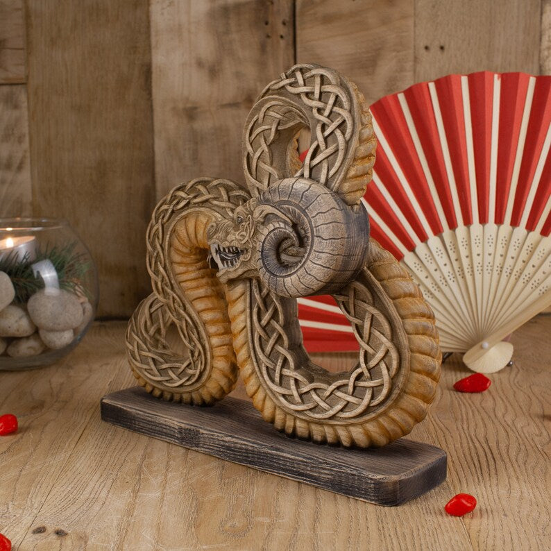 Handcrafted Wooden Statue of Cernunnos, the Horned Snake Deity in Celtic and Norse Mythology