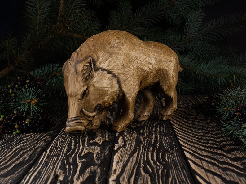 Rustic Wooden Boar Figurine