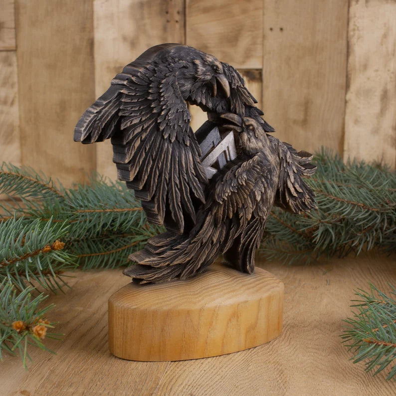 Viking-Inspired Raven Art: Huginn and Muninn Wooden Statue