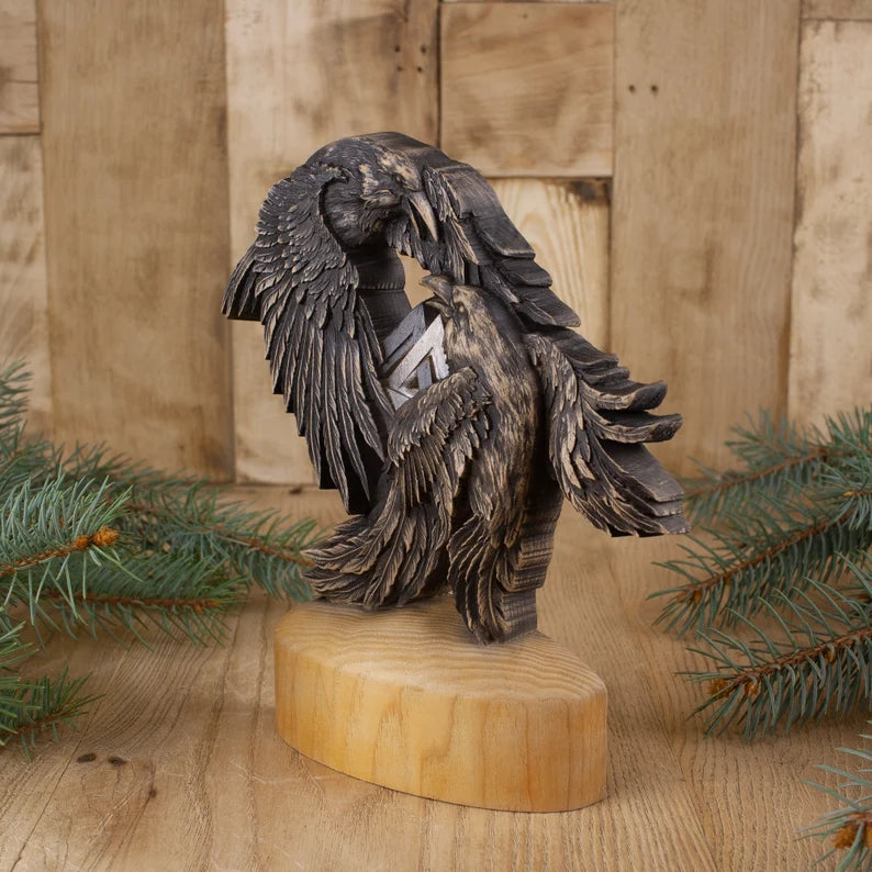 Viking-Inspired Raven Art: Huginn and Muninn Wooden Statue