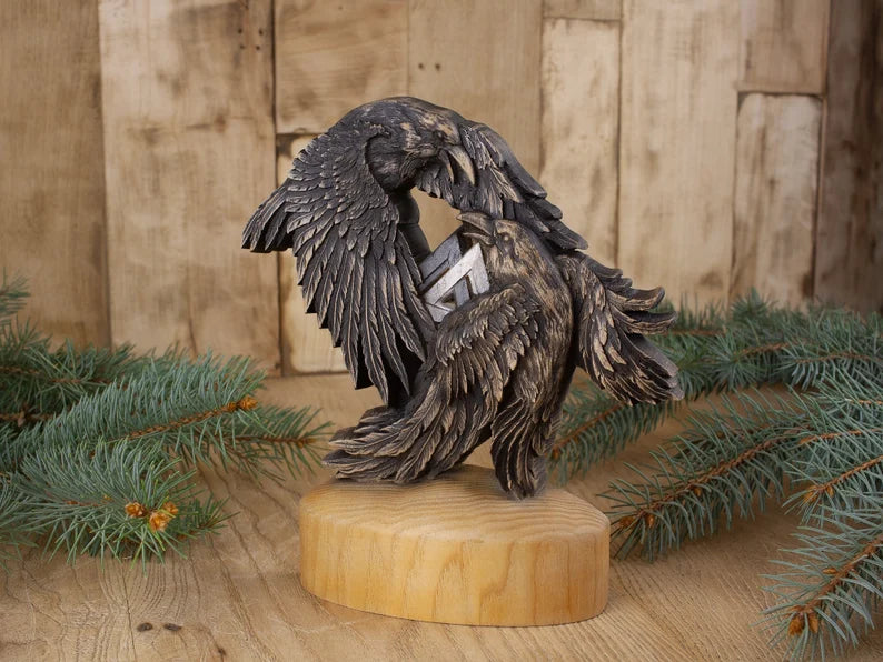 Viking-Inspired Raven Art: Huginn and Muninn Wooden Statue