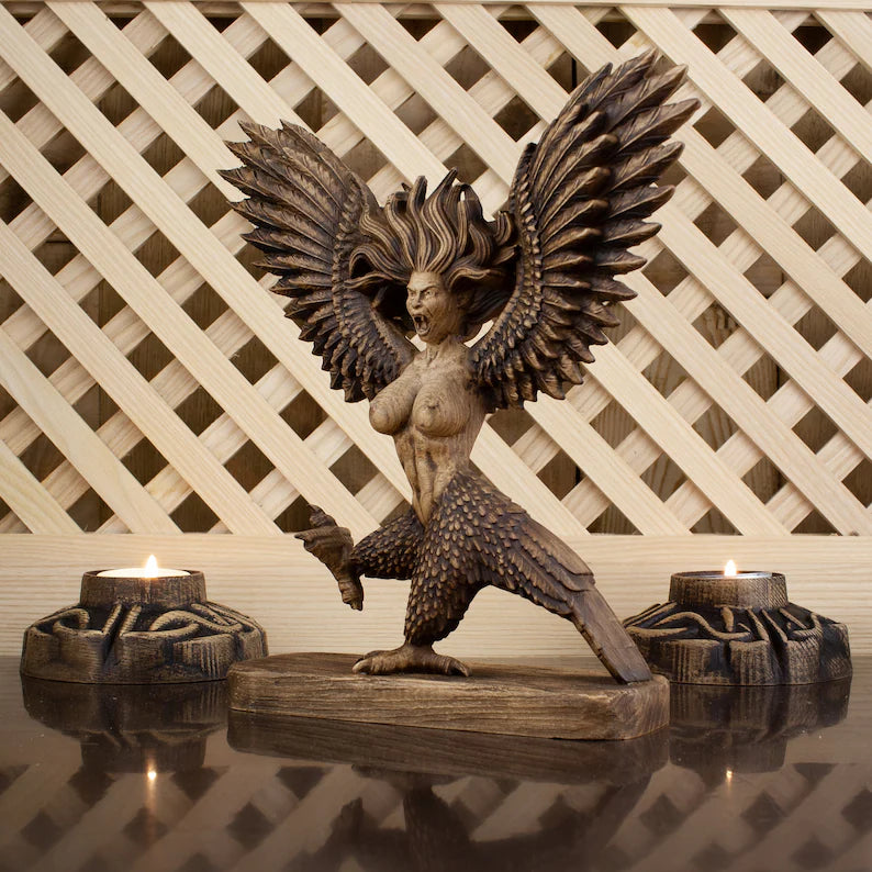 Lady Harpy Eagle Statue Monster Bird Wooden Sculpture