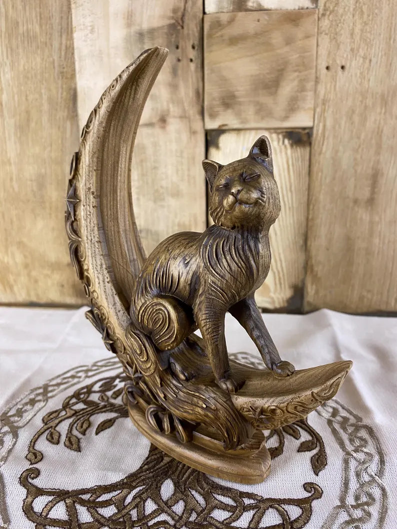 Cat statue Moon cat Luna Cat Cat totem Cat figurine Cat decor Wooden cat Cat gift Cat carving Hand carved cat Cat art Animal totem