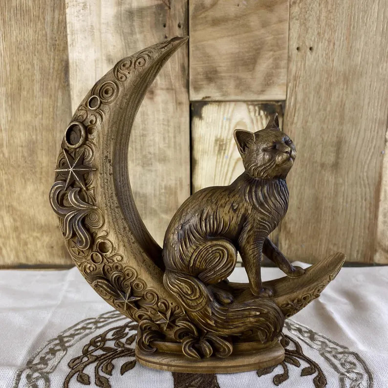Cat statue Moon cat Luna Cat Cat totem Cat figurine Cat decor Wooden cat Cat gift Cat carving Hand carved cat Cat art Animal totem