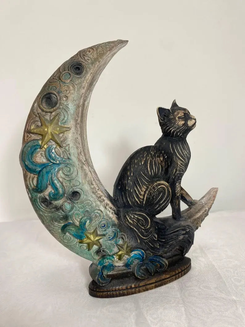 Cat statue Moon cat Luna Cat Cat totem Cat figurine Cat decor Wooden cat Cat gift Cat carving Hand carved cat Cat art Animal totem